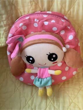 MAX-Pink Polka Dot Plush Doll Kids Backpack - Cute Doll Front 13 X11